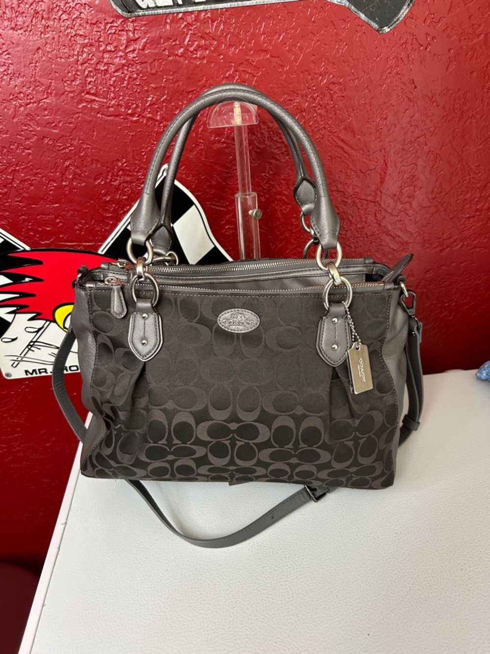 Coach Brown Signature Jacquard Satchel with Silver Hardware